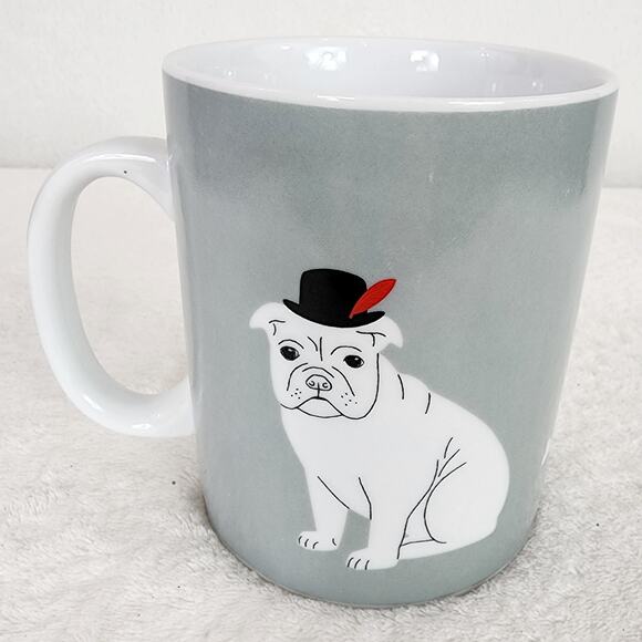 Fringe "Lou" Bulldog Feathered Cap Grey Ceramic Coffee Mug Microwave DW Safe - Picture 3 of 7